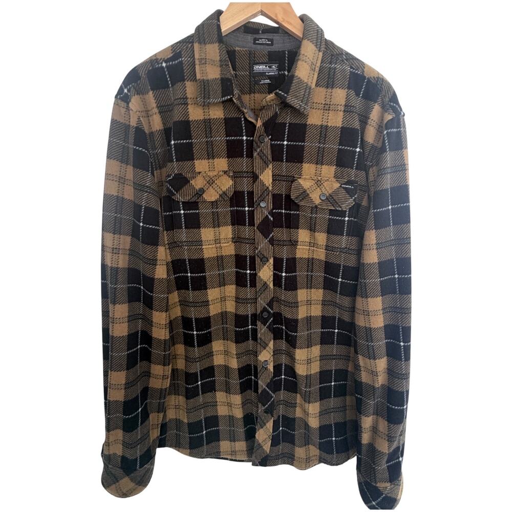 O'Neill Mens XL Brown Black Plaid Fleece Flannel Snap Front Shirt Jacket